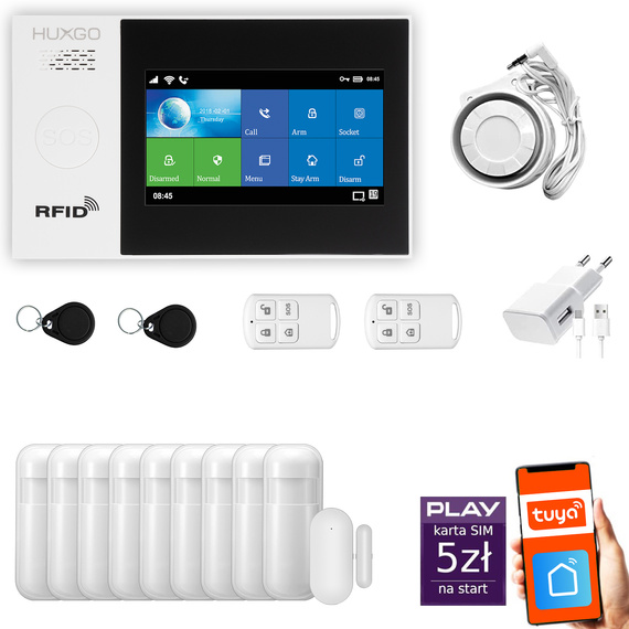 Bezprzewodowy alarm GSM + WiFi - system alarmowy HUXGO z aplikacją TUYA - zestaw alarmowy HXA007 2G B R9 PS z syreną przewodową