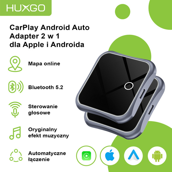 HUXGO, bezprzewodowy adapter samochodowy 2w1, kompatybilny z CarPlay i Android Auto BY963A