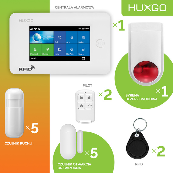 Alarm bezprzewodowy WiFi + GSM 4G - zestaw alarmowy HUXGO z aplikacją TUYA - HXA006 4G W R5D5 BS z syreną bezprzewodową