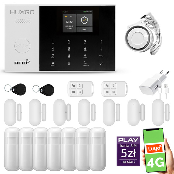 Alarm bezprzewodowy WiFi + GSM 4G - zestaw alarmowy HUXGO z aplikacją TUYA - HXA005 4G B R7D7 PS z syreną przewodową