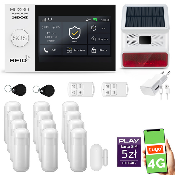 Alarm bezprzewodowy WiFi + GSM 4G - zestaw alarmowy HUXGO z aplikacją TUYA - HXA007 4G B R12 BS z syreną bezprzewodową