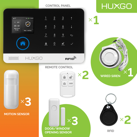 Bezprzewodowy alarm GSM + WiFi - system alarmowy HUXGO z aplikacją TUYA - zestaw alarmowy HXA003 2G B R3D3 PS z syreną przewodową