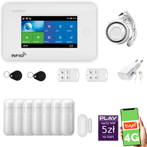 Alarm bezprzewodowy WiFi + GSM 4G - zestaw alarmowy HUXGO z aplikacją TUYA - HXA006 4G W R7 PS z syreną przewodową