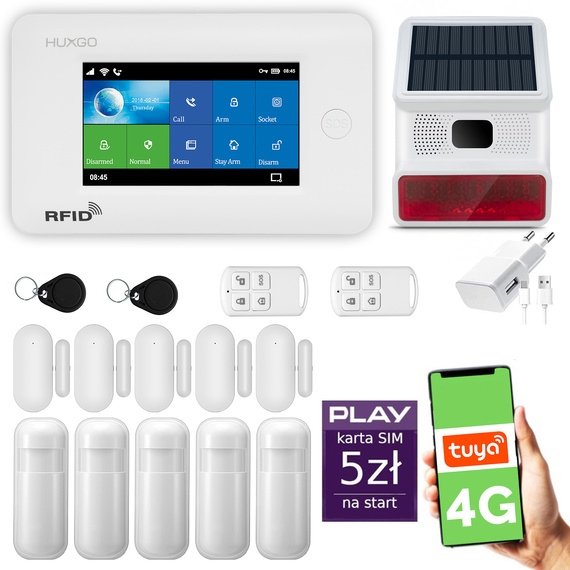 Alarm bezprzewodowy WiFi + GSM 4G - zestaw alarmowy HUXGO z aplikacją TUYA - HXA006 4G W R5D5 BS z syreną bezprzewodową