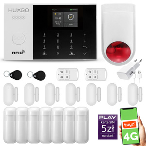 Alarm bezprzewodowy WiFi + GSM 4G - zestaw alarmowy HUXGO z aplikacją TUYA - HXA005 4G B R7D7 BS z syreną bezprzewodową