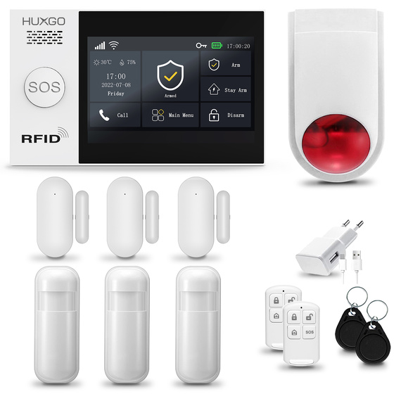 Bezprzewodowy alarm GSM + WiFi - system alarmowy HUXGO z aplikacją TUYA - zestaw alarmowy HXA007 2G B R3D3 BS z syreną bezprzewodową
