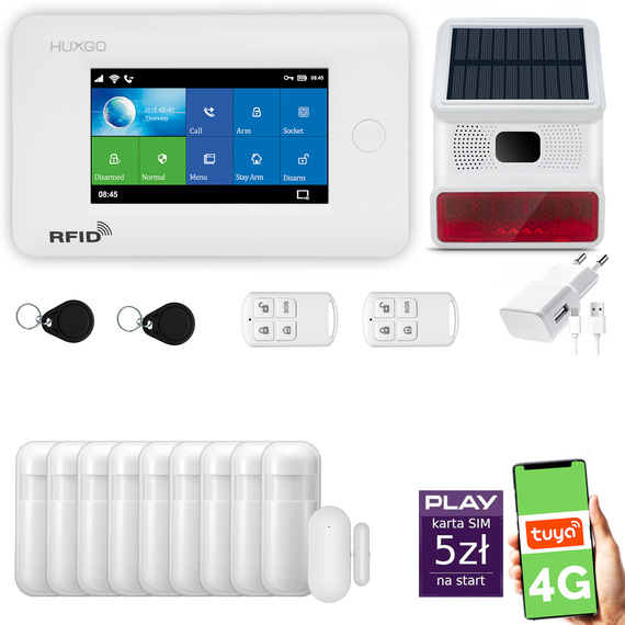 Alarm bezprzewodowy WiFi + GSM 4G - zestaw alarmowy HUXGO z aplikacją TUYA - HXA006 4G W R9 BS z syreną bezprzewodową