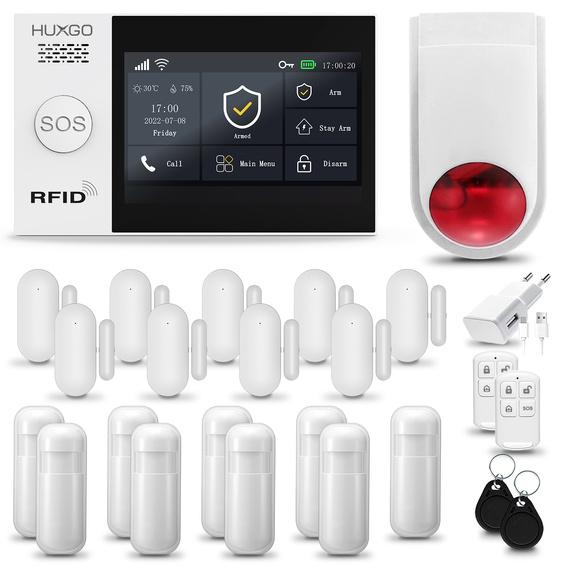 Bezprzewodowy alarm GSM + WiFi - system alarmowy HUXGO z aplikacją TUYA - zestaw alarmowy HXA007 2G B R9D9 BS z syreną bezprzewodową