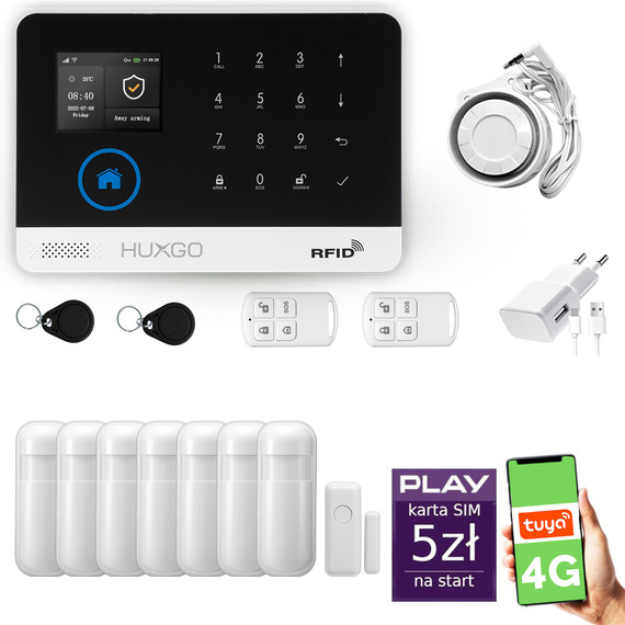 Alarm bezprzewodowy WiFi + GSM 4G - zestaw alarmowy HUXGO z aplikacją TUYA - HXA003 4G B R7 PS z syreną przewodową