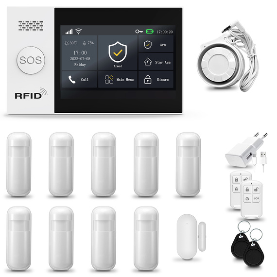 Bezprzewodowy alarm GSM + WiFi - system alarmowy HUXGO z aplikacją TUYA - zestaw alarmowy HXA007 2G B R9 PS z syreną przewodową
