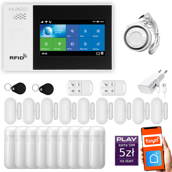 Bezprzewodowy alarm GSM + WiFi - system alarmowy HUXGO z aplikacją TUYA - zestaw alarmowy HXA007 2G B R9D9 PS z syreną przewodową