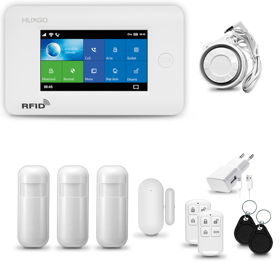 Alarm bezprzewodowy WiFi + GSM 4G LTE - zestaw alarmowy HUXGO z aplikacją TUYA - HXA006 4G W R3 PS z syreną przewodową