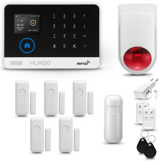 Bezprzewodowy alarm GSM +WiFi - system alarmowy HUXGO z aplikacją TUYA - zestaw alarmowy HXA003 2G B D5 BS z syreną bezprzewodową