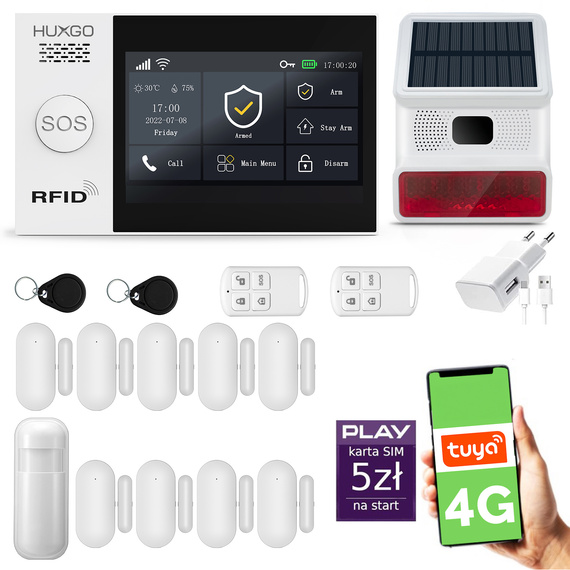 Alarm bezprzewodowy WiFi + GSM 4G - zestaw alarmowy HUXGO z aplikacją TUYA - HXA007 4G B D9 BS z syreną bezprzewodową