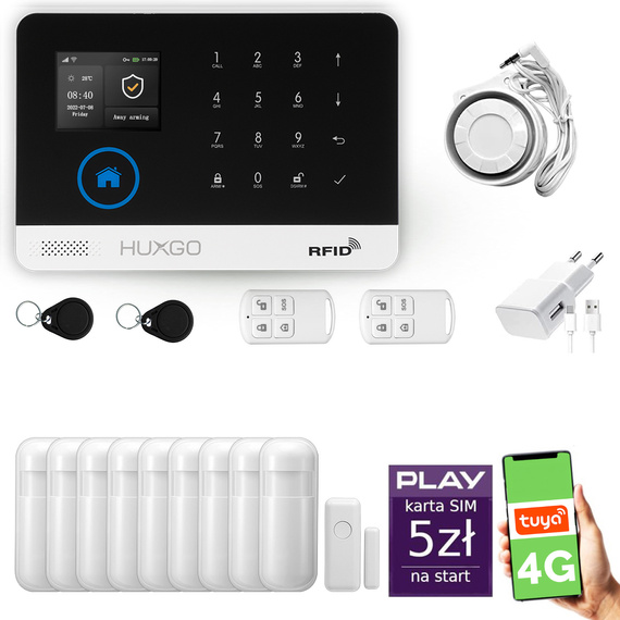 Alarm bezprzewodowy WiFi + GSM 4G - zestaw alarmowy HUXGO z aplikacją TUYA - HXA003 4G B R9 PS z syreną bezprzewodową