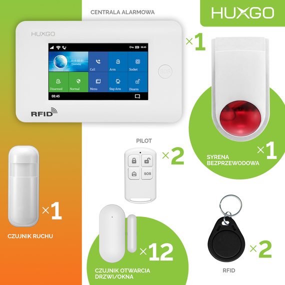 Alarm bezprzewodowy WiFi + GSM 4G - zestaw alarmowy HUXGO z aplikacją TUYA - HXA006 4G W D12 BS z syreną bezprzewodową