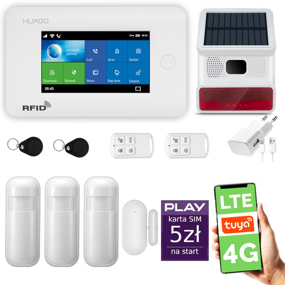 Alarm bezprzewodowy WiFi + GSM 4G LTE - zestaw alarmowy HUXGO z aplikacją TUYA - HXA006 4G W R3 BS z syreną bezprzewodową