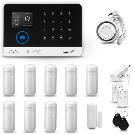 Alarm bezprzewodowy WiFi + GSM 4G - zestaw alarmowy HUXGO z aplikacją TUYA - HXA003 4G B R9 PS z syreną bezprzewodową