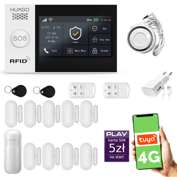 Alarm bezprzewodowy WiFi + GSM 4G - zestaw alarmowy HUXGO z aplikacją TUYA - HXA007 4G B D9 PS z syreną przewodową