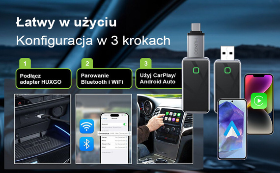 HUXGO, bezprzewodowy adapter samochodowy 2w1, kompatybilny z CarPlay i Android Auto BY967B