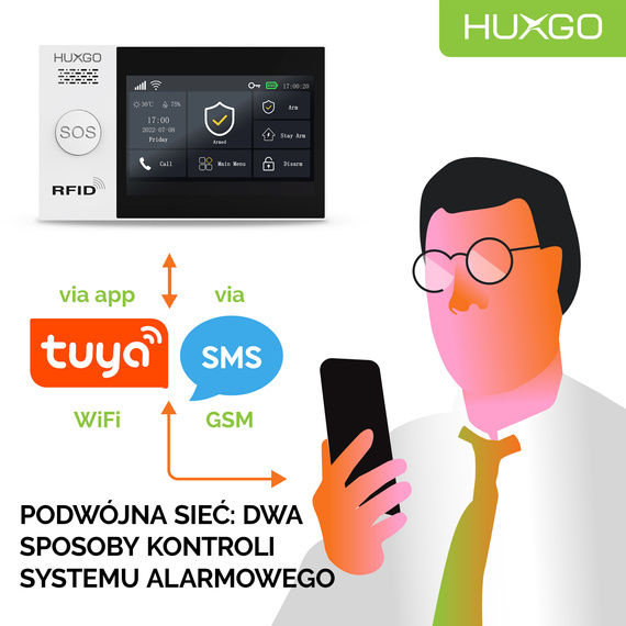 Alarm bezprzewodowy WiFi + GSM 4G - zestaw alarmowy HUXGO z aplikacją TUYA - HXA007 4G B D5 PS z syreną przewodową