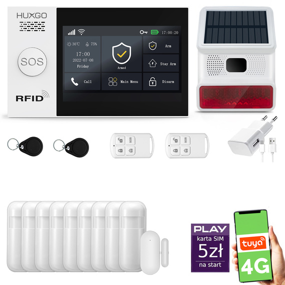 Alarm bezprzewodowy WiFi + GSM 4G - zestaw alarmowy HUXGO z aplikacją TUYA - HXA007 4G B R9 BS z syreną bezprzewodową