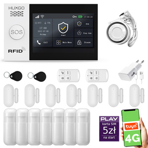 Alarm bezprzewodowy WiFi + GSM 4G  - zestaw alarmowy HUXGO z aplikacją TUYA - HXA007 4G B R7D7 PS z syreną przewodową