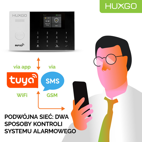 Alarm bezprzewodowy WiFi + GSM 4G - zestaw alarmowy HUXGO z aplikacją TUYA - HXA005 4G B R12 BS z syreną bezprzewodową