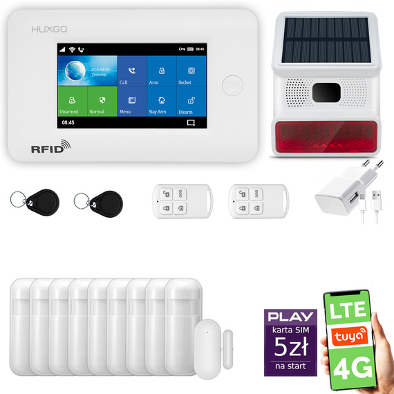 Alarm bezprzewodowy WiFi + GSM 4G LTE - zestaw alarmowy HUXGO z aplikacją TUYA - HXA006 4G W R9 BS z syreną bezprzewodową