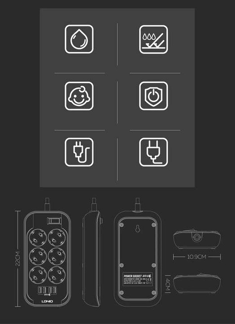 Przedłużasz, listwa zasilająca 2500W na 6 gniazd + 4x USB