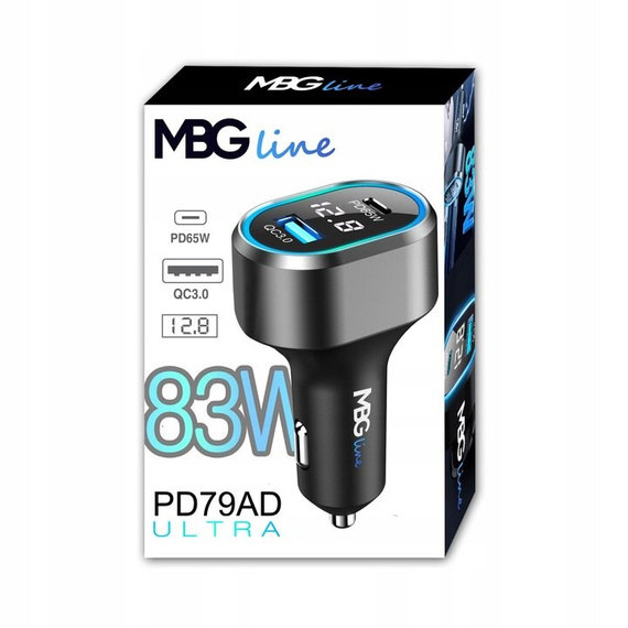 Szybka ładowarka samochodowa MBG line PD79AD ULTRA z wbudowanym woltomierzem