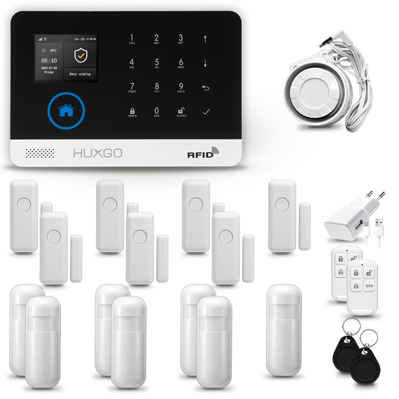 Alarm bezprzewodowy WiFi + GSM 4G - zestaw alarmowy HUXGO z aplikacją TUYA - HXA003 4G B R7D7 PS z syreną przewodową
