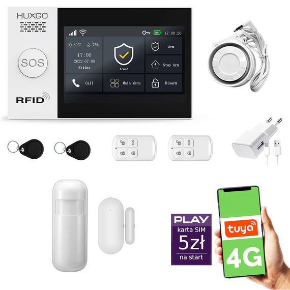 Alarm bezprzewodowy WiFi + GSM 4G - zestaw alarmowy HUXGO z aplikacją TUYA - HXA007 4G B R1 PS z syreną przewodową