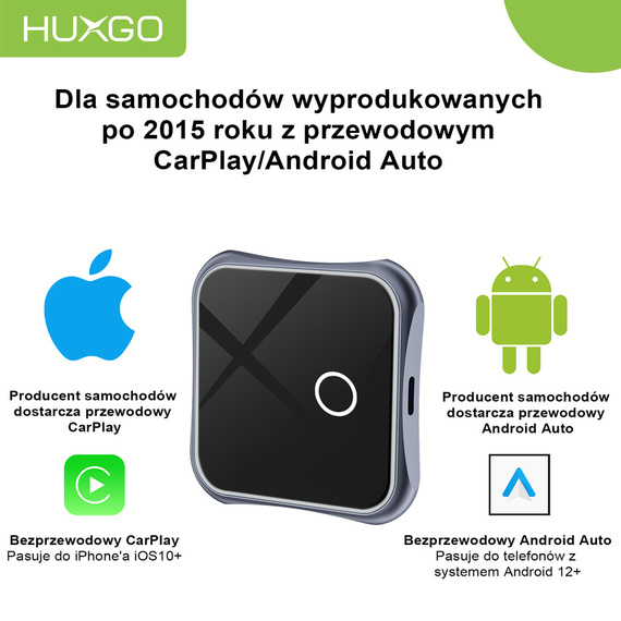 HUXGO, bezprzewodowy adapter samochodowy 2w1, kompatybilny z CarPlay i Android Auto BY963A