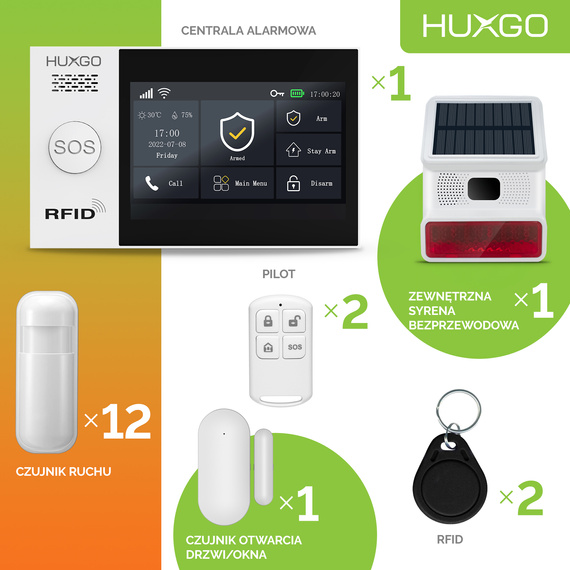 Alarm bezprzewodowy WiFi + GSM 4G - zestaw alarmowy HUXGO z aplikacją TUYA - HXA007 4G B R12 BS z syreną bezprzewodową