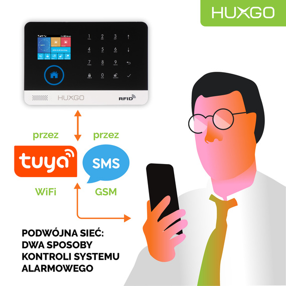 Bezprzewodowy alarm GSM + WiFi - system alarmowy HUXGO z aplikacją TUYA - zestaw alarmowy HXA007 2G B D5 BS z syreną bezprzewodową
