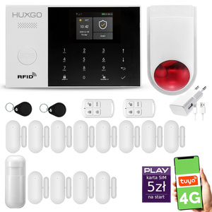 Alarm bezprzewodowy WiFi + GSM 4G - zestaw alarmowy HUXGO z aplikacją TUYA - HXA005 4G B D12 BS z syreną bezprzewodową