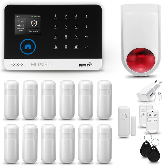 Bezprzewodowy alarm GSM +WiFi - system alarmowy HUXGO z aplikacją TUYA - zestaw alarmowy HXA003 2G B R12 BS z syreną bezprzewodową