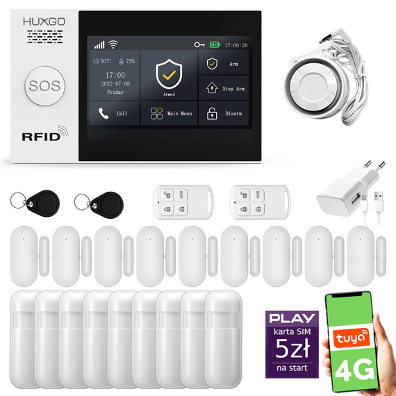 Alarm bezprzewodowy WiFi + GSM 4G - zestaw alarmowy HUXGO z aplikacją TUYA - HXA007 4G B R9D9 PS z syreną przewodową