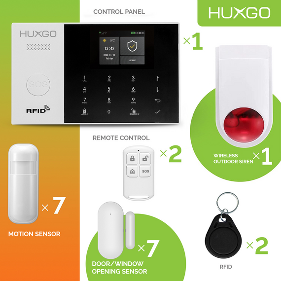 Bezprzewodowy alarm GSM + WiFi - system alarmowy HUXGO z aplikacją TUYA - zestaw alarmowy HXA005 2G B R7D7 BS syreną bezprzewodową