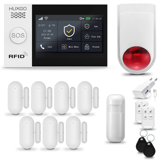 Bezprzewodowy alarm GSM + WiFi - system alarmowy HUXGO z aplikacją TUYA - zestaw alarmowy HXA007 2G B D7 BS z syreną bezprzewodową