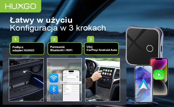 HUXGO, bezprzewodowy adapter samochodowy 2w1, kompatybilny z CarPlay i Android Auto BY963A