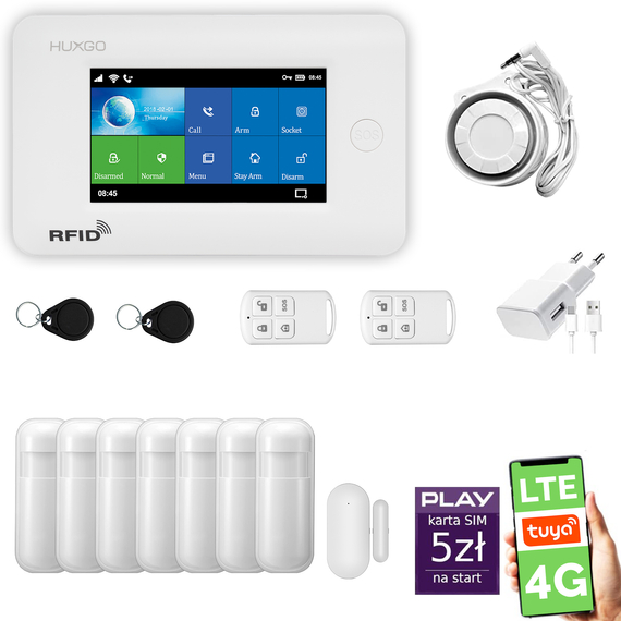 Alarm bezprzewodowy WiFi + GSM 4G LTE - zestaw alarmowy HUXGO z aplikacją TUYA - HXA006 4G W R7 PS z syreną przewodową