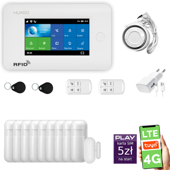 Alarm bezprzewodowy WiFi + GSM 4G LTE - zestaw alarmowy HUXGO z aplikacją TUYA - HXA006 4G W R9 PS z syreną przewodową