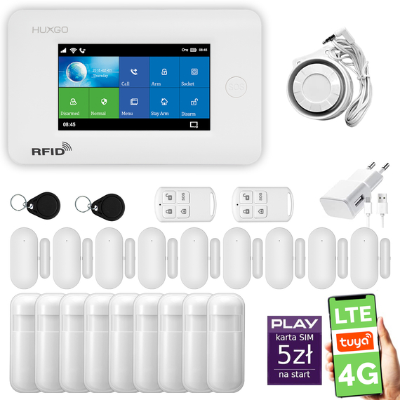 Alarm bezprzewodowy WiFi + GSM 4G LTE - zestaw alarmowy HUXGO z aplikacją TUYA - HXA006 4G W R9D9 PS z syreną przewodową
